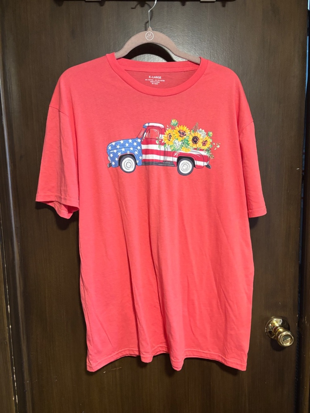 Coral Graphic Tee with American Flag Truck and Sunflowers